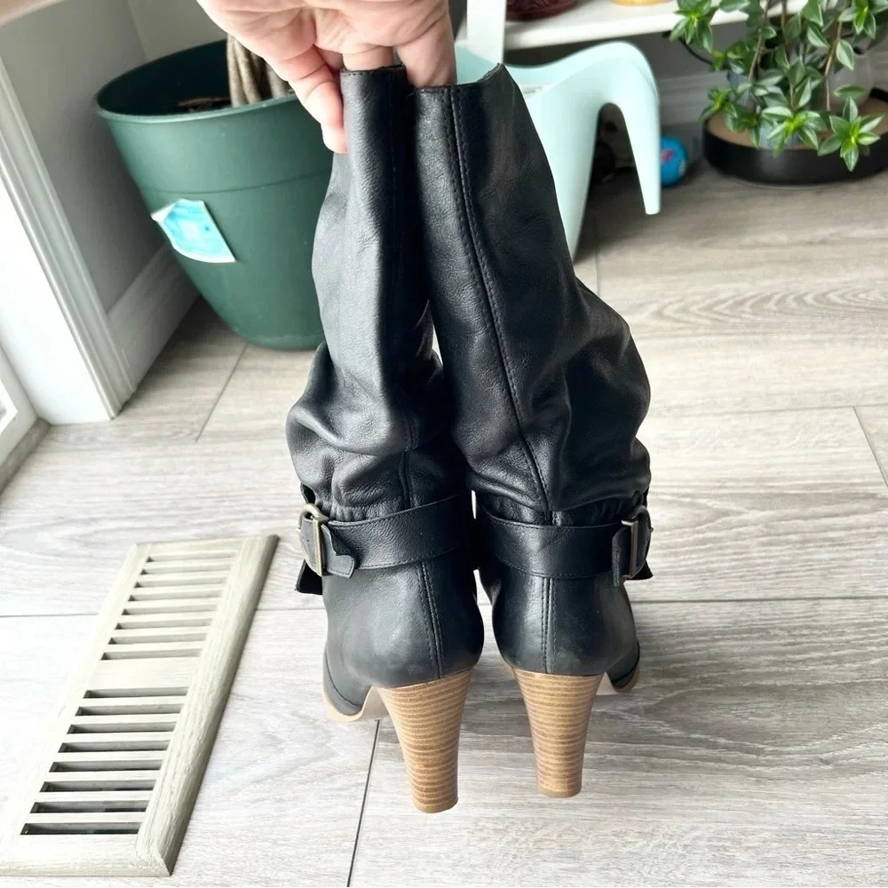 Zara Black Slouchy Leather Heeled Tall Boots  Made In Spain - Picture 6 of 15